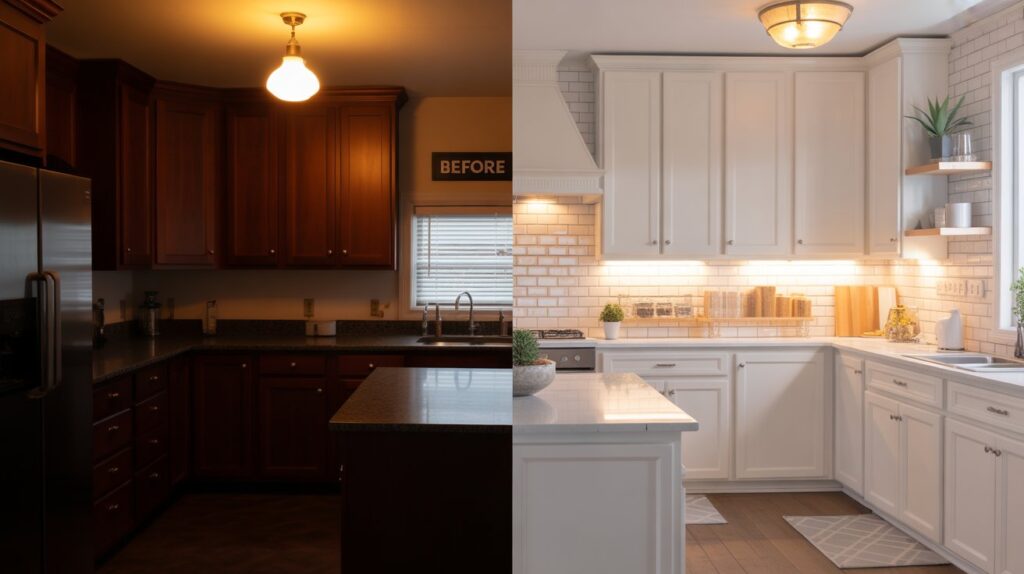 Split image showing a kitchen transformation — before with dark cabinets and poor lighting, after with bright finishes and open shelving — showing how to lighten up a dark kitchen effectively.
