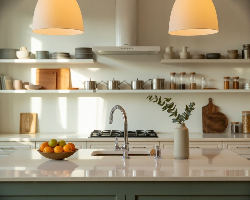 Minimalist kitchen interior with open shelves, modern faucet, cutting boards, jars, and fruit bowl on white countertop