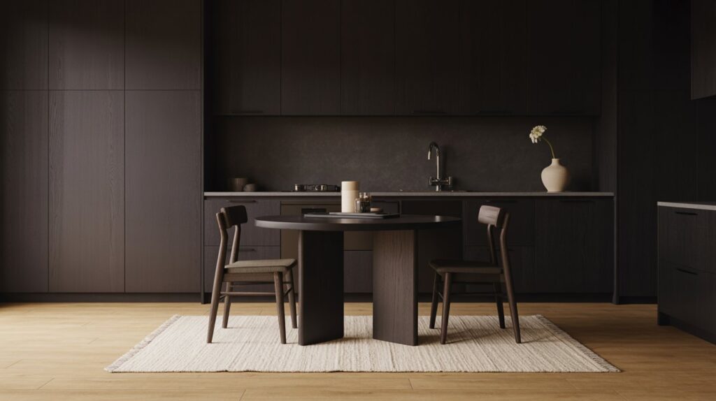 Modern dark kitchen featuring light wood flooring and a textured area rug for warmth and contrast
