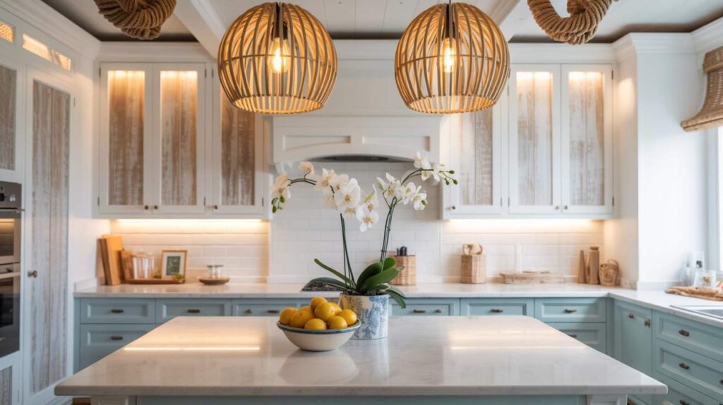 Coastal kitchen lighting ideas featuring natural rattan pendant lights over a white island in a bright, airy kitchen