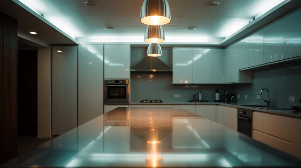 A sleek modern kitchen featuring glossy cabinets and a blend of cool and warm pendant lighting, illustrating lighting contrast in contemporary kitchen design.