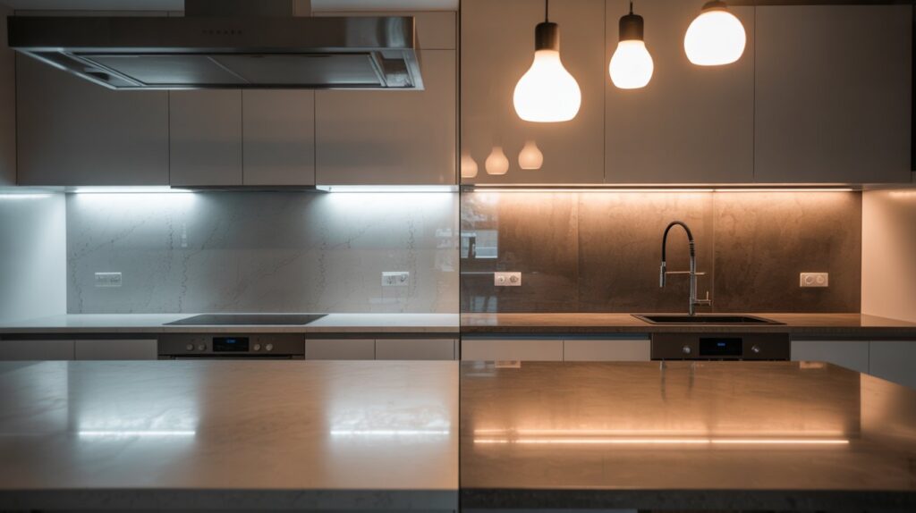Modern kitchen design illustrating the difference between hardwired vs plug-in kitchen lighting on the left and right sides of the room