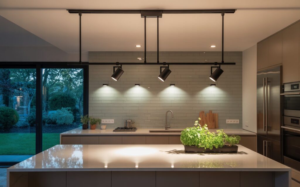 How to use track lighting in the kitchen shown through a modern design with black adjustable fixtures highlighting the backsplash, sink, and countertop greenery.