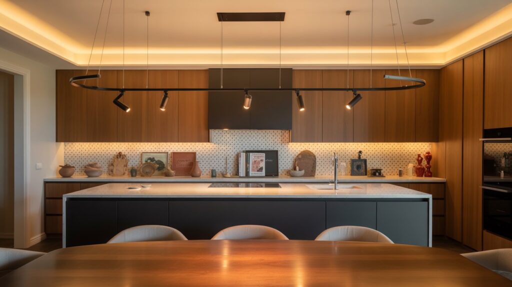A contemporary kitchen showcasing how to use track lighting in the kitchen with warm tones, a central island, and wooden cabinetry.