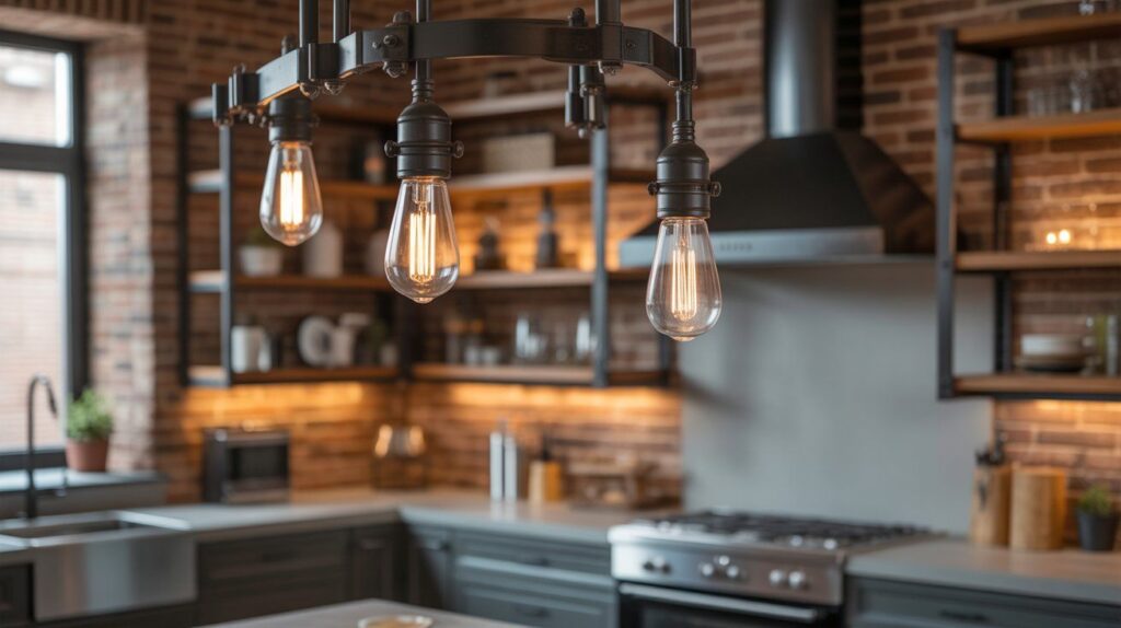 Close-up of hanging Edison bulb fixtures in a modern kitchen showcasing industrial kitchen lighting ideas