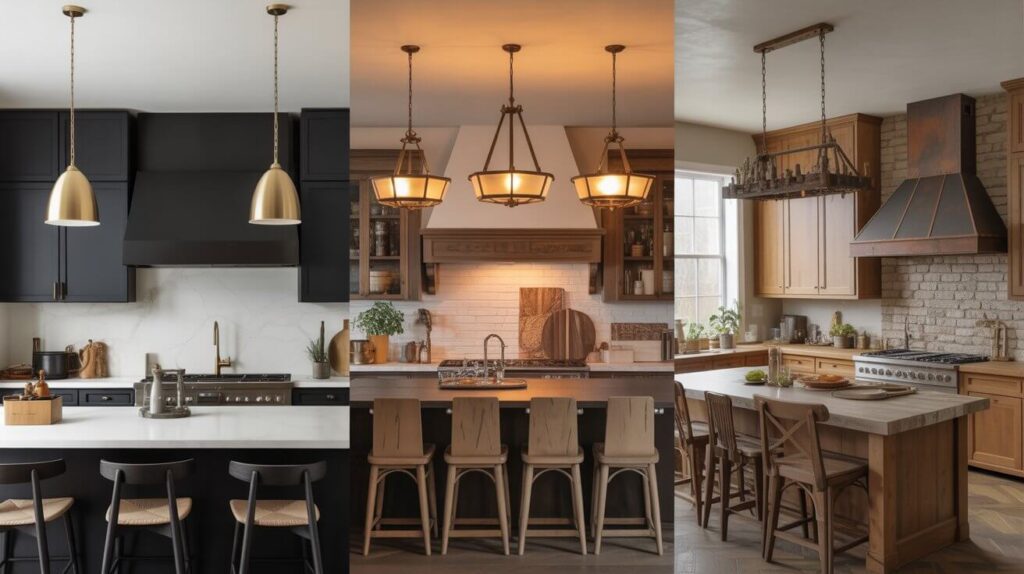 Three beautifully designed kitchens showcasing different Kitchen Island Lighting Styles by Design Theme — a modern black kitchen with brass pendants, a classic kitchen with warm chandeliers, and a rustic kitchen with an iron fixture above the island.