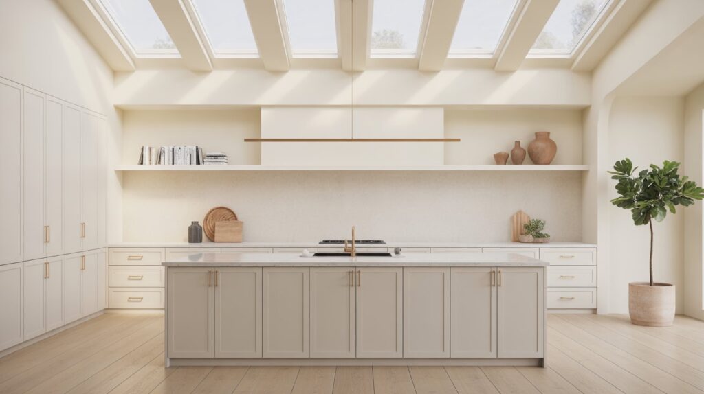 A bright and modern kitchen featuring skylights, soft neutral tones, light wood floors, and minimalist open shelving — perfect for light and airy kitchen ideas.