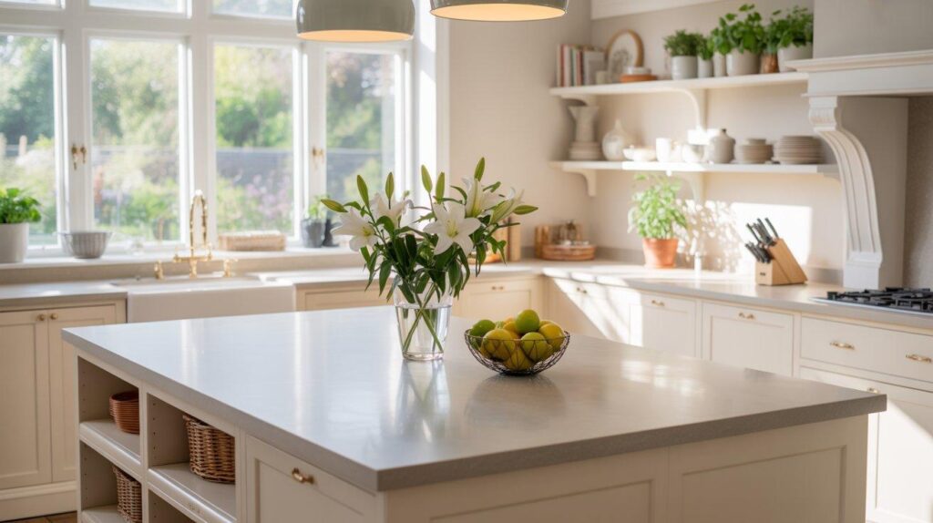 Light and airy kitchen with white cabinets, large windows, island countertop, and fresh flowers creating an open and inviting atmosphere.