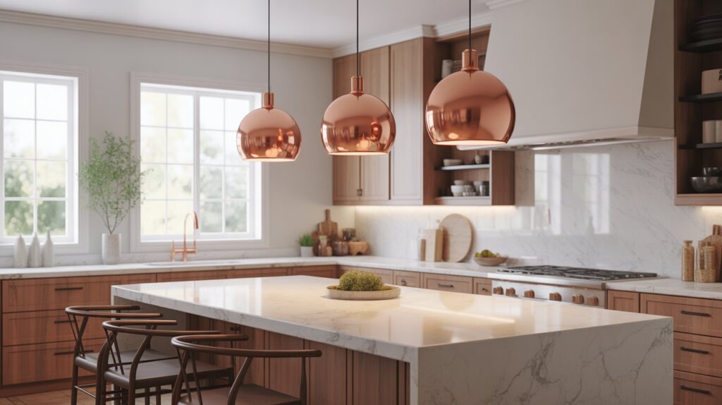 A bright modern kitchen with copper light fixtures for kitchen islands, featuring marble countertops, wooden cabinetry, and a warm inviting ambiance.