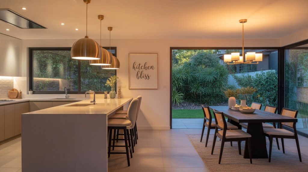 Modern open kitchen and dining space showing how to pair kitchen and dining lights with matching pendants and chandelier