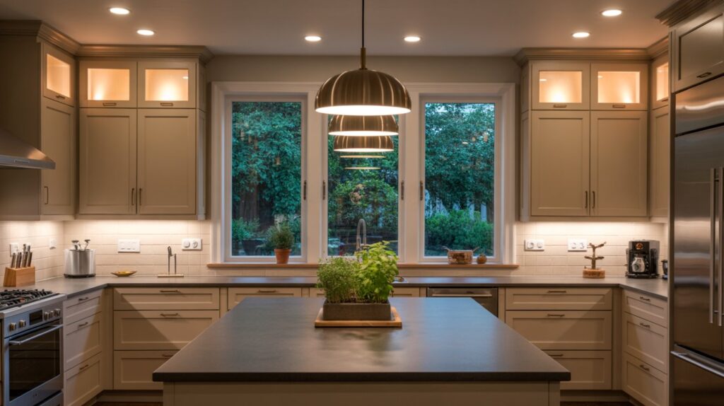 A modern kitchen showcasing layered lighting design with warm and cool tones, illustrating what color light is best for kitchen functionality and aesthetics.