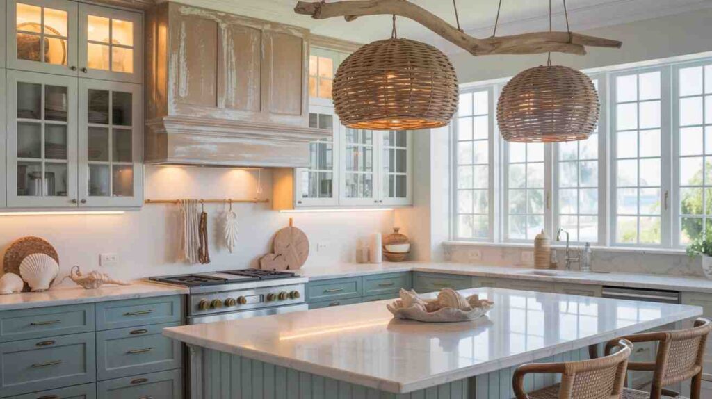 Coastal kitchen lighting ideas with woven rattan pendant lights and driftwood fixture over a bright kitchen island