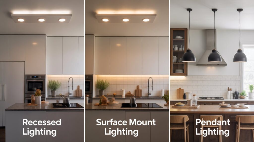 A side-by-side comparison of recessed, surface mount, and pendant lighting styles in modern kitchen setups