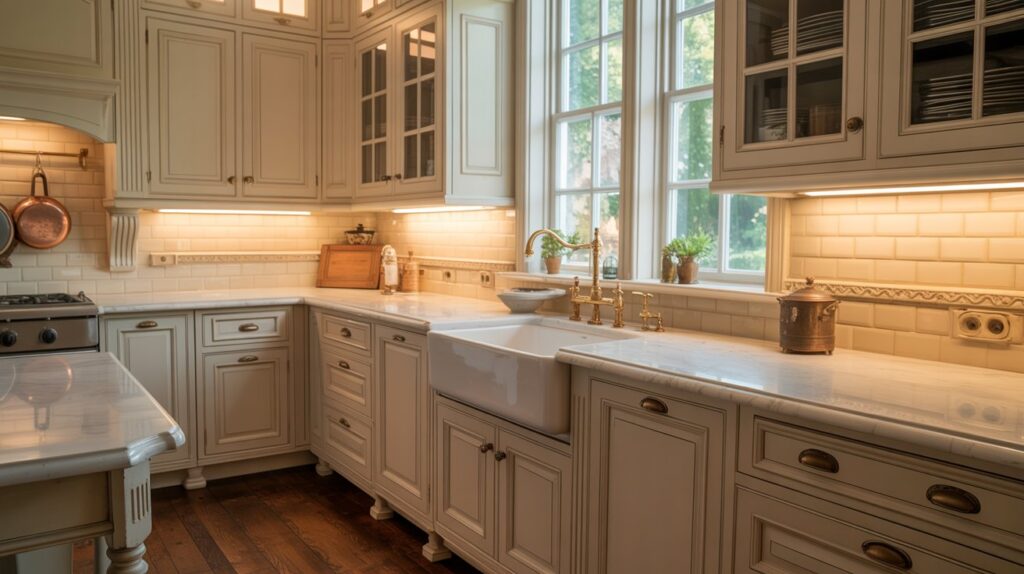 Warm under-cabinet lighting in a traditional kitchen with cream cabinetry and classic brass fixtures, showcasing timeless traditional kitchen lighting ideas.