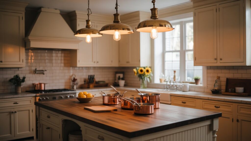A beautifully styled vintage kitchen showcasing antique pendant lights above a wooden island, perfectly illustrating vintage kitchen island lighting ideas.