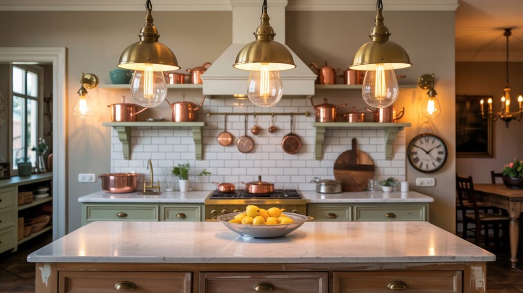 A beautifully styled kitchen showcasing vintage kitchen lighting ideas with brass pendant lights, Edison bulbs, and copper cookware for a warm, nostalgic ambiance.