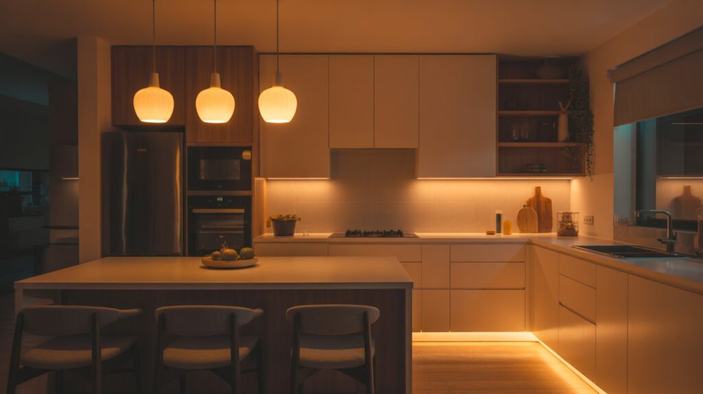 A stylish modern kitchen showing how to set mood with kitchen lights using pendant lighting, under-cabinet LEDs, and floor lighting for a cozy atmosphere.