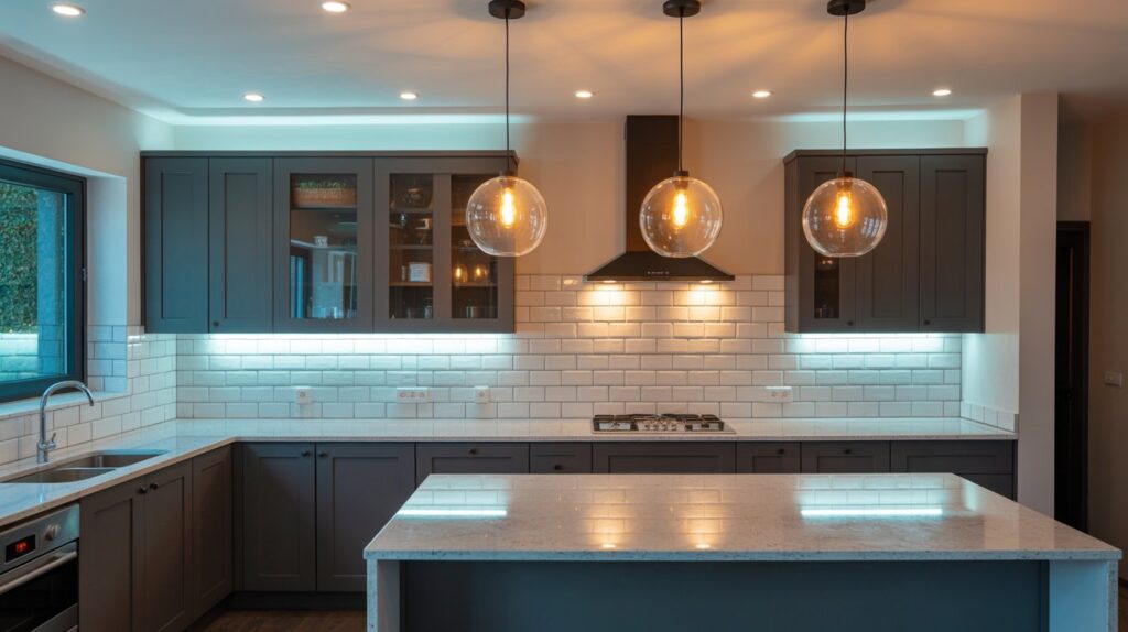 Contemporary kitchen design illustrating warm light vs cool light in kitchen through pendant lights and under-cabinet LED contrast.