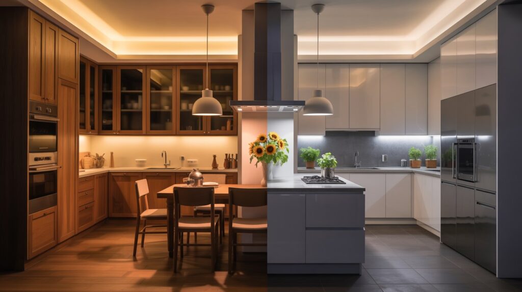 Modern kitchen interior split between warm light and cool light settings, showing a visual comparison of warm light vs cool light in kitchen ambiance and mood.