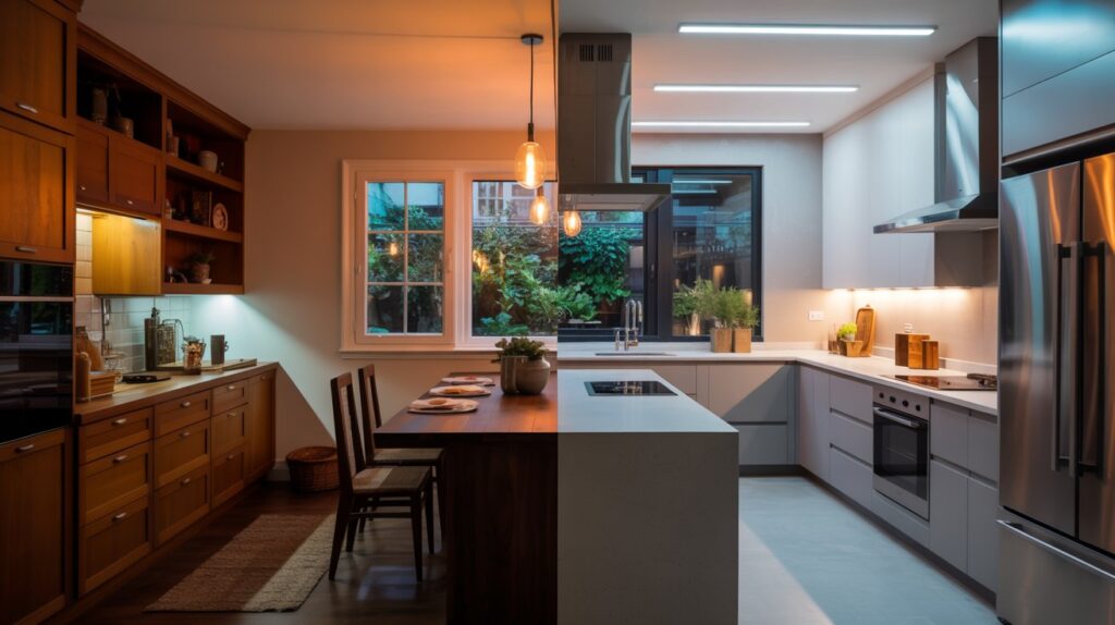 Warm light vs cool light in kitchen comparison showing a split space—warm amber pendants over wood cabinetry on one side, cool white LEDs over modern prep surfaces on the other.