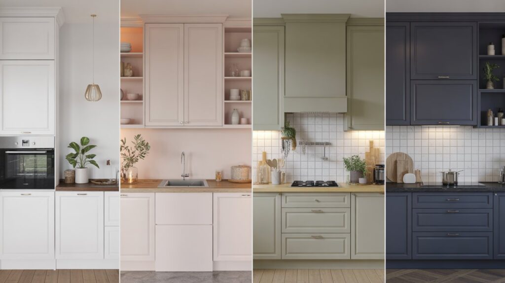 Modern kitchen design showcasing what color walls go with grey kitchen cabinets, featuring white, blush, sage green, and navy tones