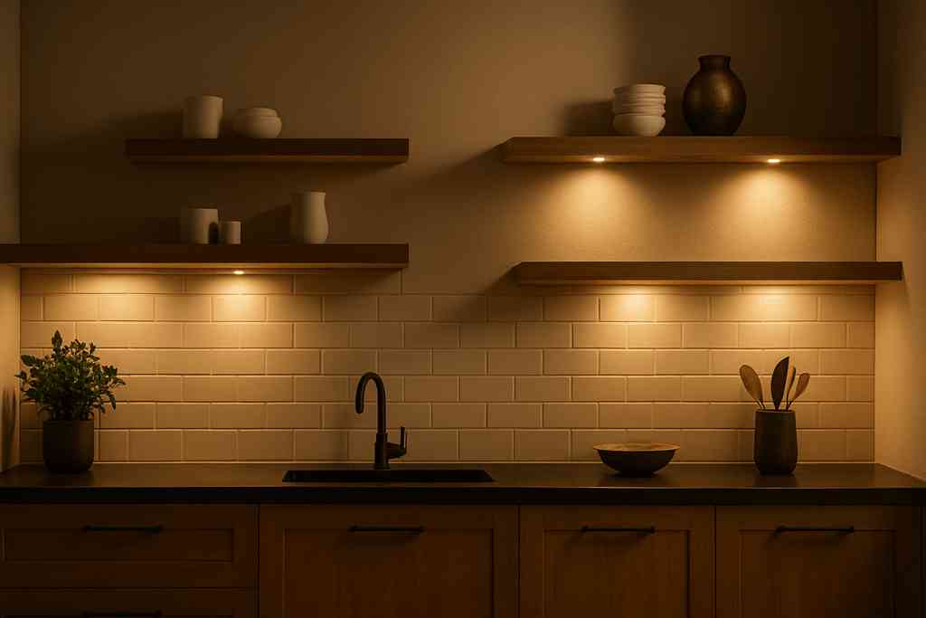 A cozy kitchen with wooden shelves and warm under-cabinet illumination showing what is accent light in a modern home setting.