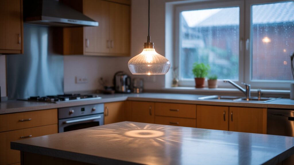 Pendant light above kitchen island dimming unexpectedly, representing common issue of why does my kitchen light flicker