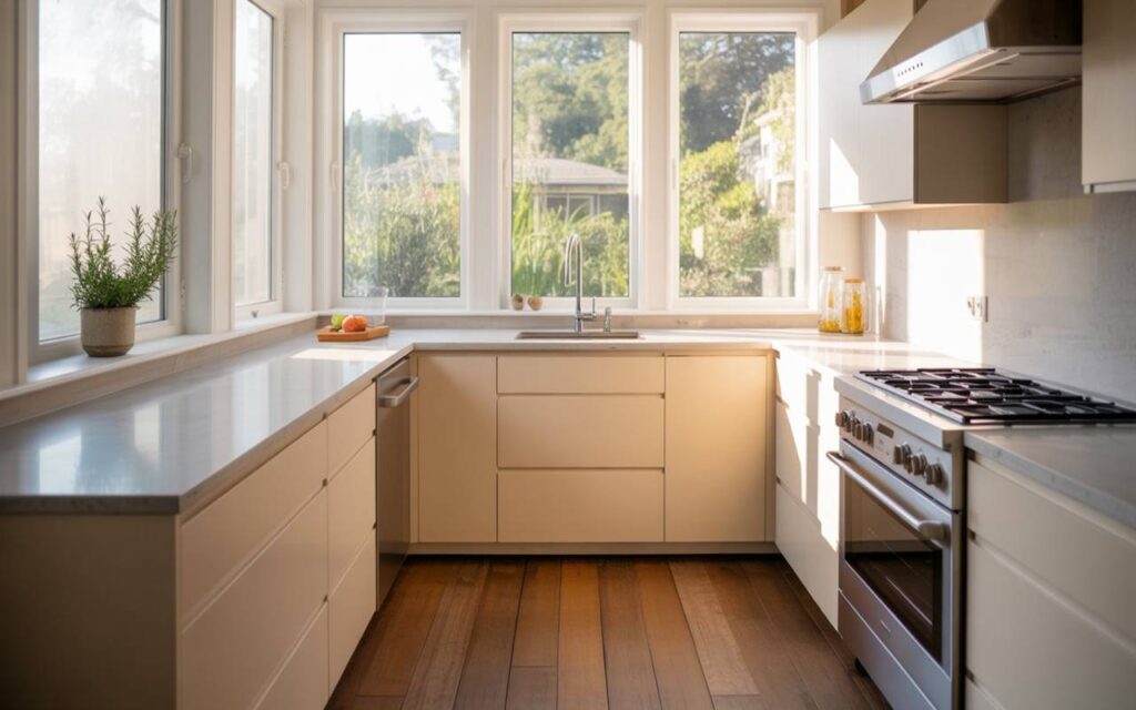 A bright modern kitchen with compact cabinetry, large windows, and stainless steel appliances, showcasing small L shaped kitchen layout ideas for maximizing space and light.