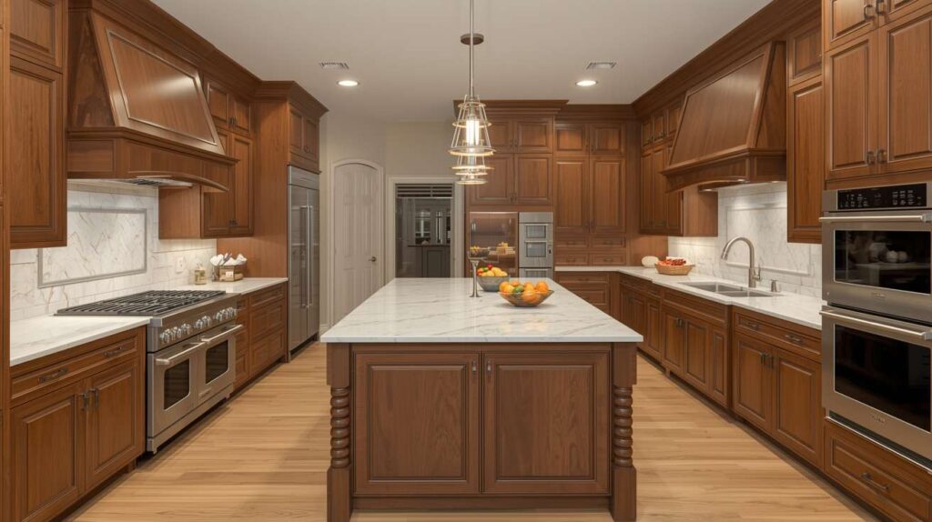 A classic gourmet kitchen featuring rich wooden cabinets, marble countertops, pendant lighting, and modern appliances.