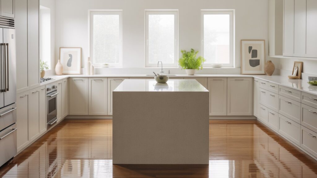 Bright and modern L-shaped kitchen design and layout ideas featuring sleek cabinetry, central island, and natural lighting.