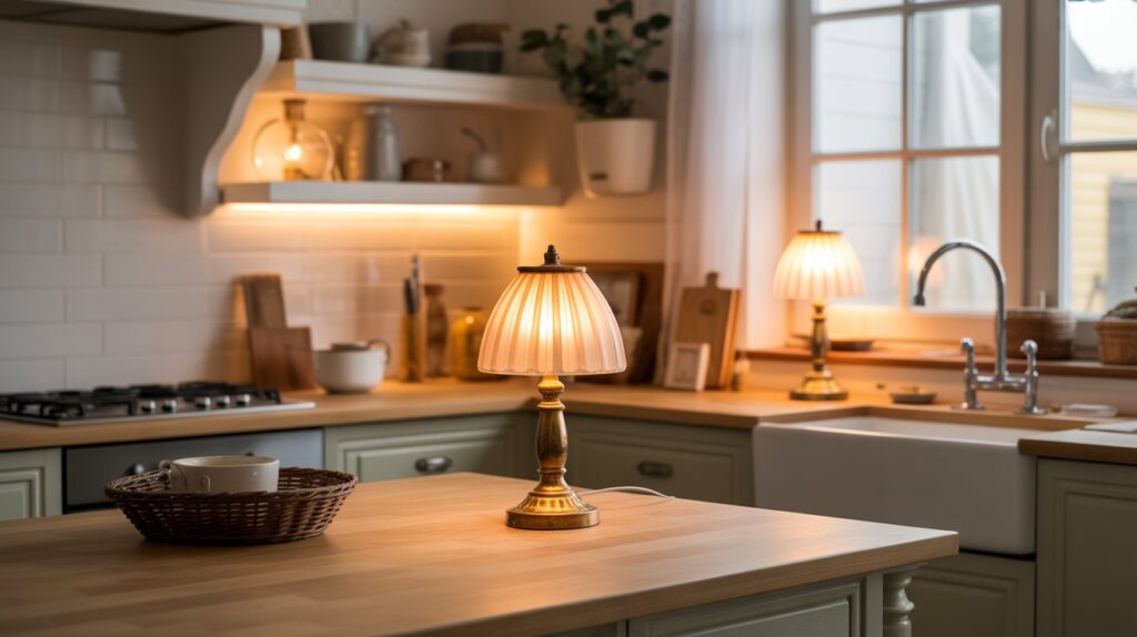 A cozy kitchen with elegant vintage-style table lamps on the island and countertop — perfect inspiration for table lamps in kitchen ideas.