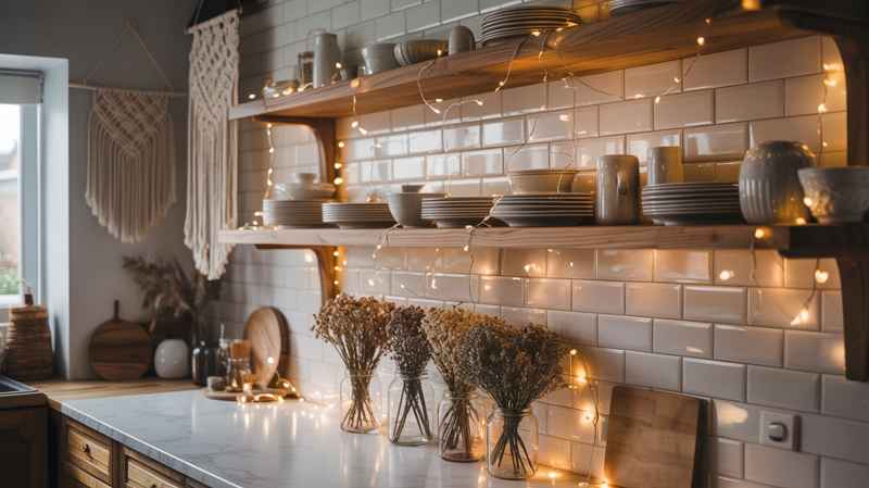 Warm and cozy kitchen featuring open shelves, ceramic dishes, dried flowers, and soft fairy lights in kitchen ideas for ambient lighting.