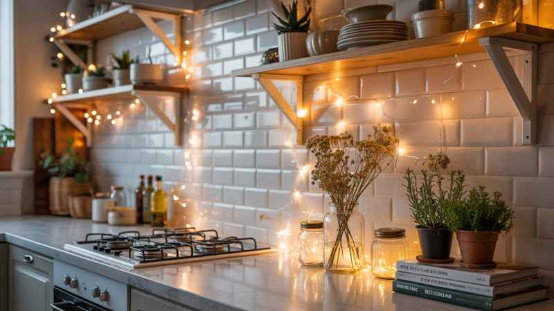 A stylish modern kitchen adorned with shelves, glass jars, and greenery, showcasing creative fairy lights in kitchen ideas that add warmth and inviting ambiance to the space.