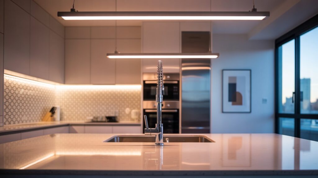 Contemporary kitchen with under-cabinet and pendant fluorescent lighting – a visual example of what is fluorescent light in kitchen settings.