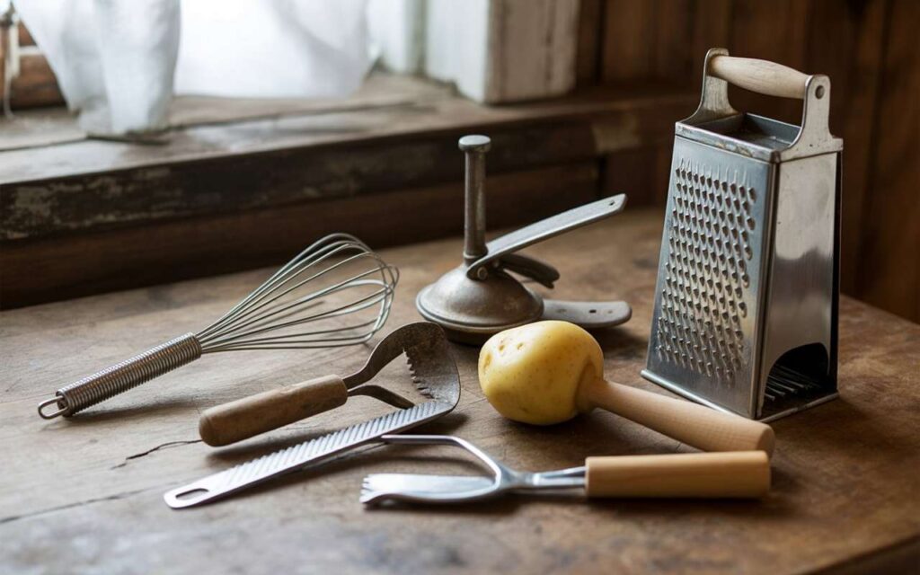 A rustic collection of vintage cooking utensils showing functional problems with manual kitchen tools, including a whisk, grater, potato peeler, and other aged items.