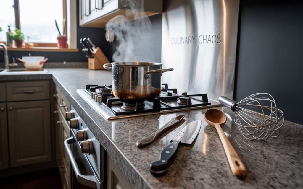 General kitchen environment problems affecting kitchen tools in a modern cooking space with a steaming pot, knife, wooden spoon, and whisk on a countertop.