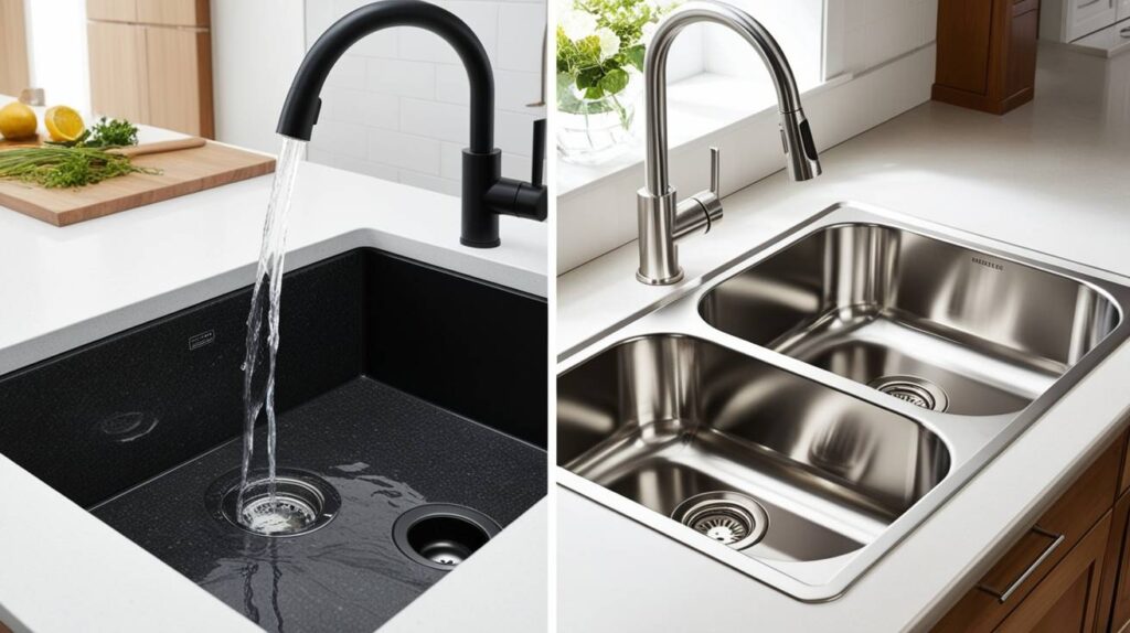Side-by-side comparison of granite vs stainless steel kitchen sink designs, showcasing durability and modern style in kitchen interiors.