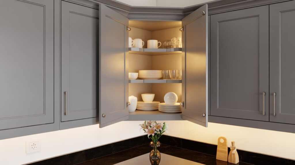 Modern grey corner kitchen cabinets with open shelving, neatly arranged dishes, and warm lighting — How to Design Kitchen Cabinets corner