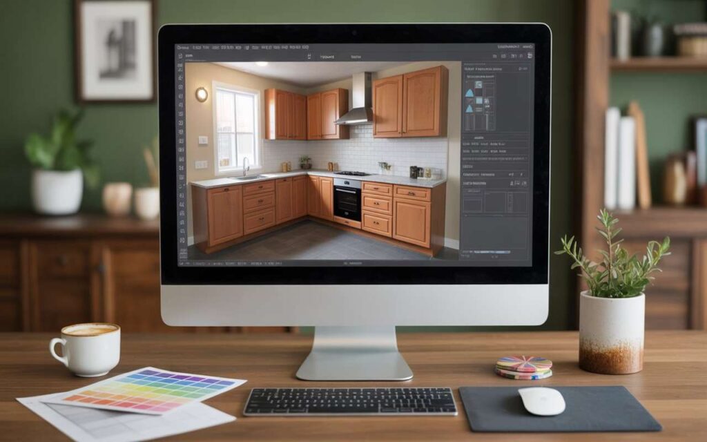 A modern computer workspace displaying a 3D kitchen cabinet design in SketchUp, showing realistic wooden cabinets, measurement details, and layout tools, illustrating how to design kitchen cabinets in SketchUp effectively.