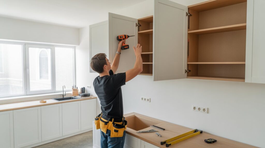 A homeowner installing kitchen cupboards using tools in a bright modern kitchen with base and wall cabinets being fitted for a stylish upgrade.
