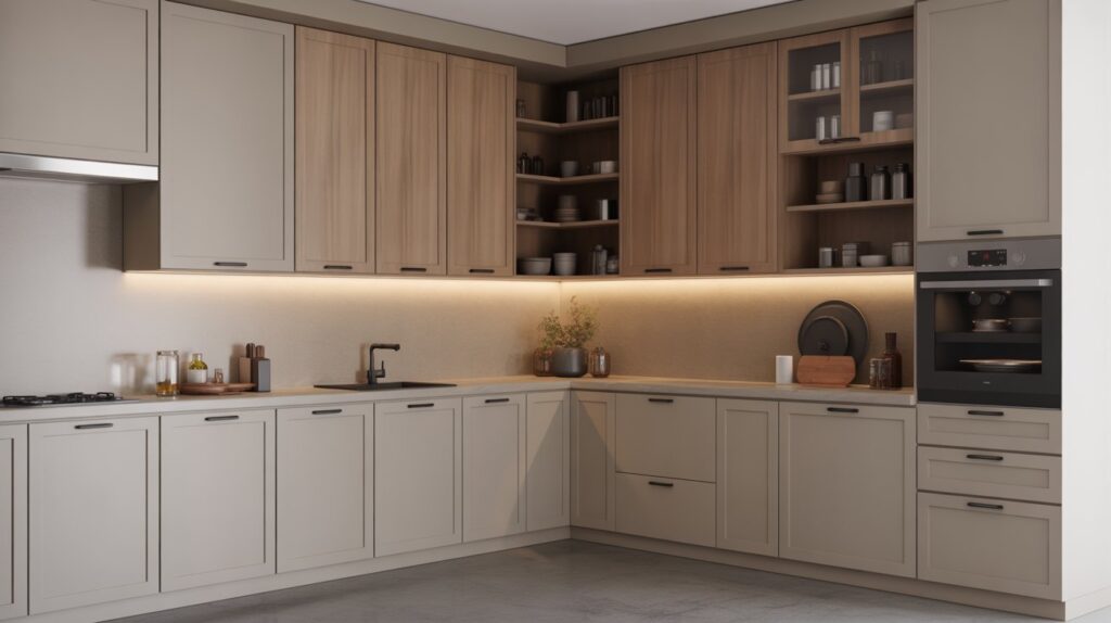 Modern U-shaped kitchen with beige and wooden finish cabinets showcasing practical storage solutions — How to Design Kitchen Cabinets for functionality and style.