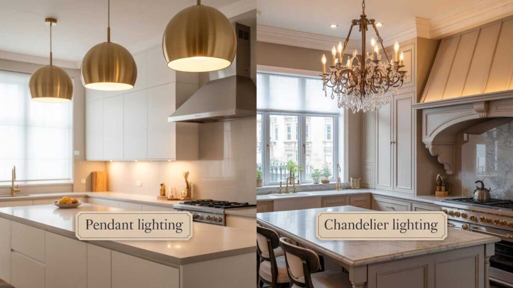 Side-by-side kitchen design comparison showing pendant lighting and chandelier lighting for kitchens with elegant decor styles