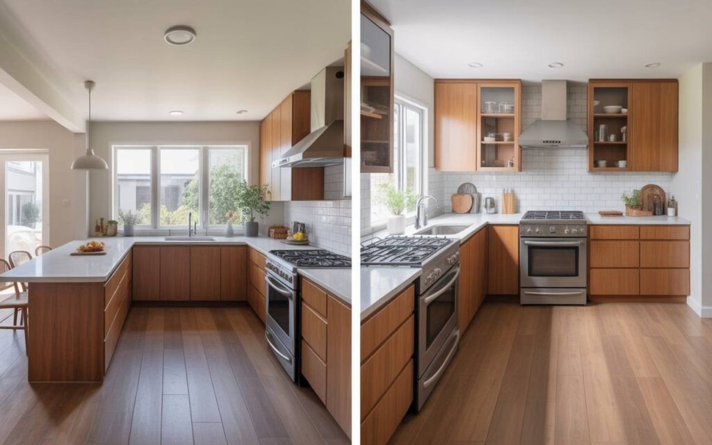Modern wooden kitchen design showing side-by-side comparison of L shaped vs U shaped kitchen layout with natural lighting and sleek cabinetry.