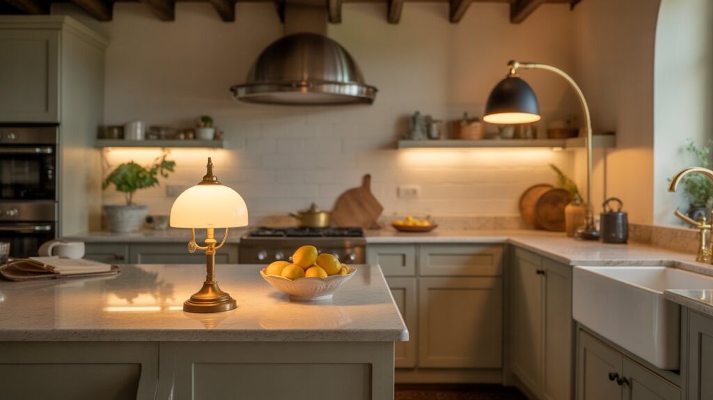 A stylish kitchen with vintage and modern lighting, showcasing beautiful lamps on counters and island — perfect example of lamps in kitchen ideas.
