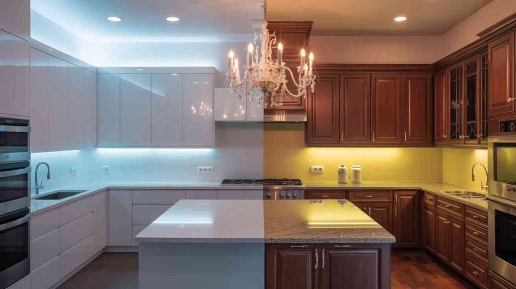 Split kitchen view comparing modern LED vs incandescent light for kitchen ambiance and functionality.