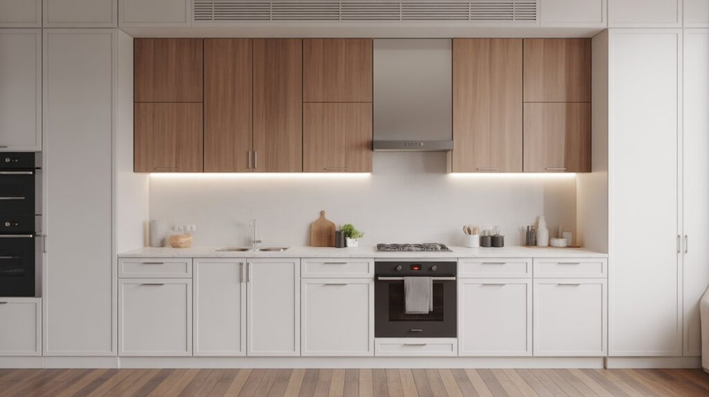A sleek modern kitchen showcasing a functional kitchen cabinet layout with warm wood upper cabinets, white base units, and integrated appliances.