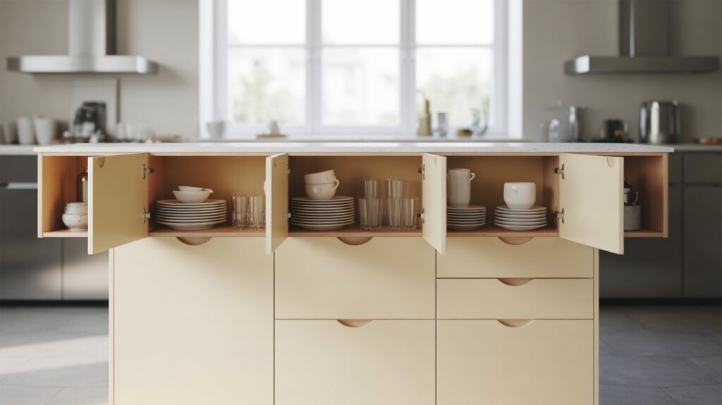 Open modern kitchen cupboard showcasing neatly arranged plates, cups, and glasses in a bright, contemporary kitchen interior.