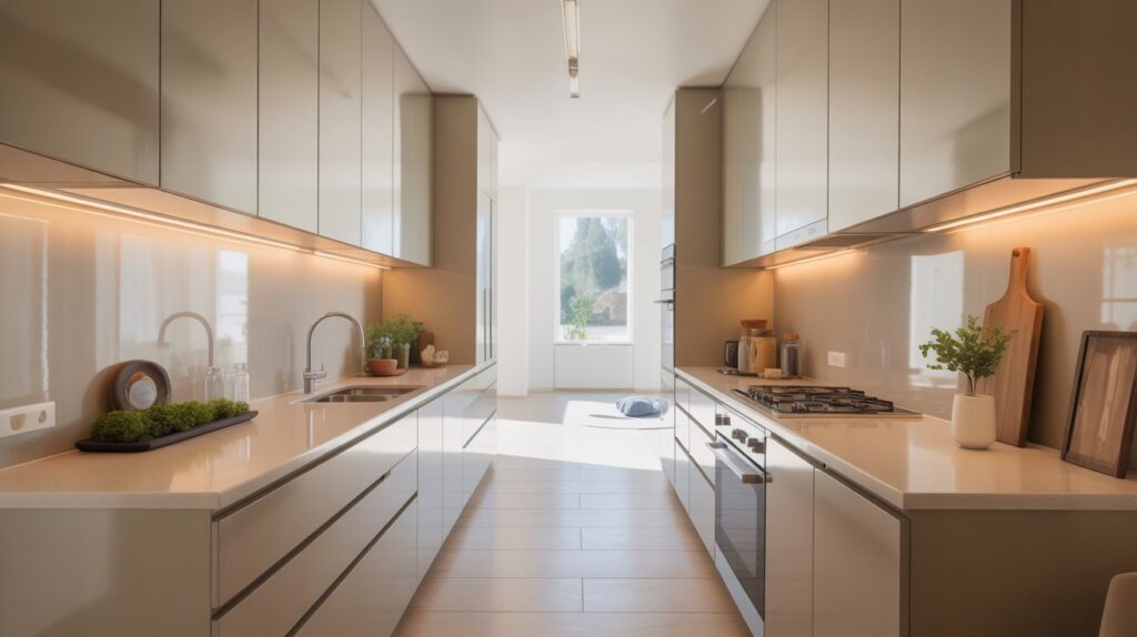 Bright and stylish double row galley kitchen design ideas featuring sleek cabinetry, under-cabinet lighting, and a functional cooking layout.