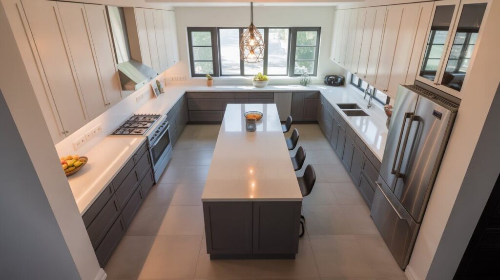 A bright and modern galley kitchen layout with island featuring sleek grey lower cabinets, white upper cabinets, stainless-steel appliances, and large windows providing natural light.