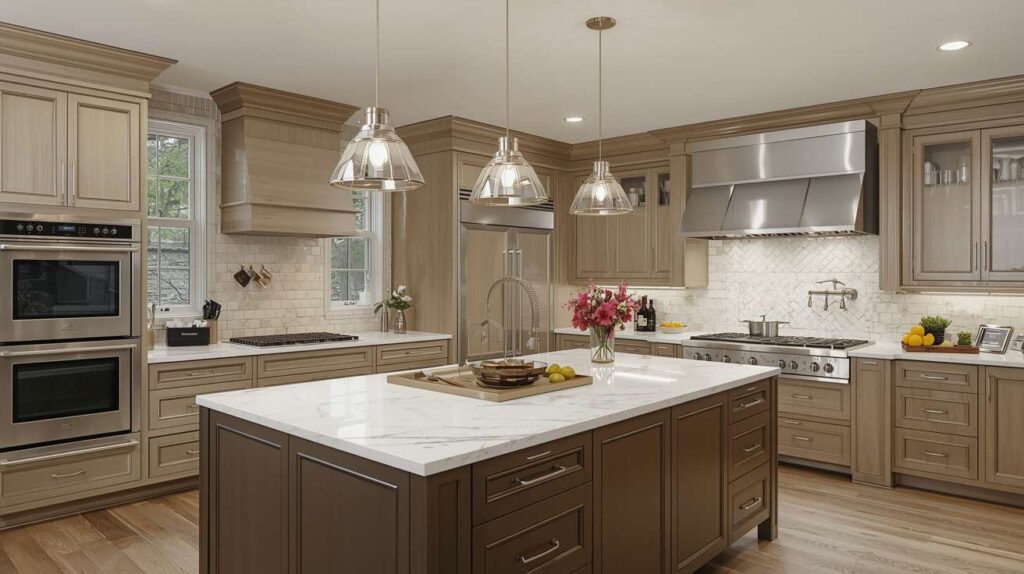 A spacious gourmet kitchen featuring a marble island, pendant lighting, and professional-grade appliances.
